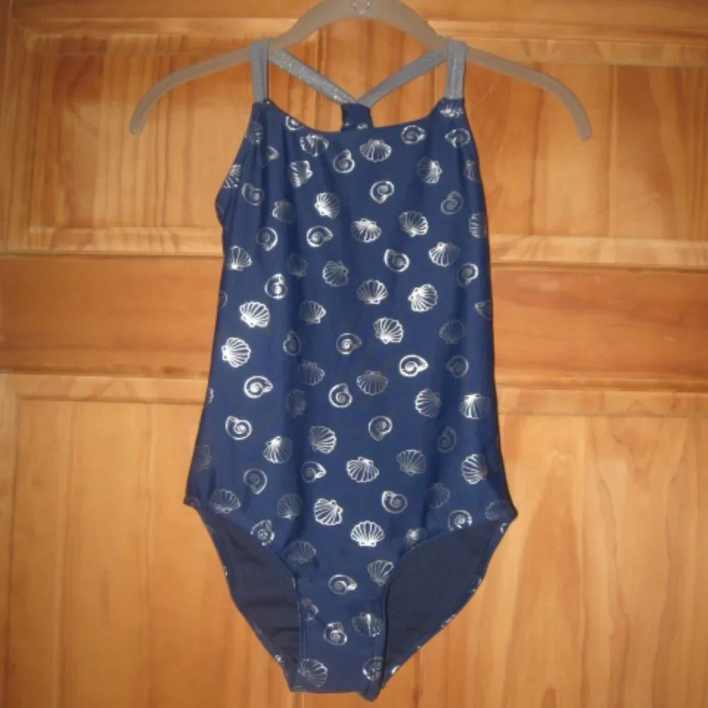 5/$30 Girls SO Navy Blue with Silver Seashells One Piece Swimsuit